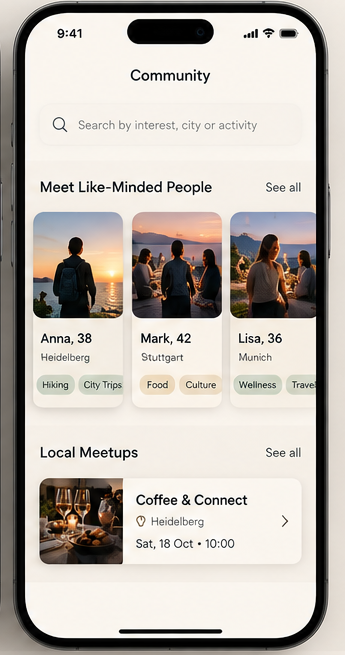 Community screen with members and local meetups